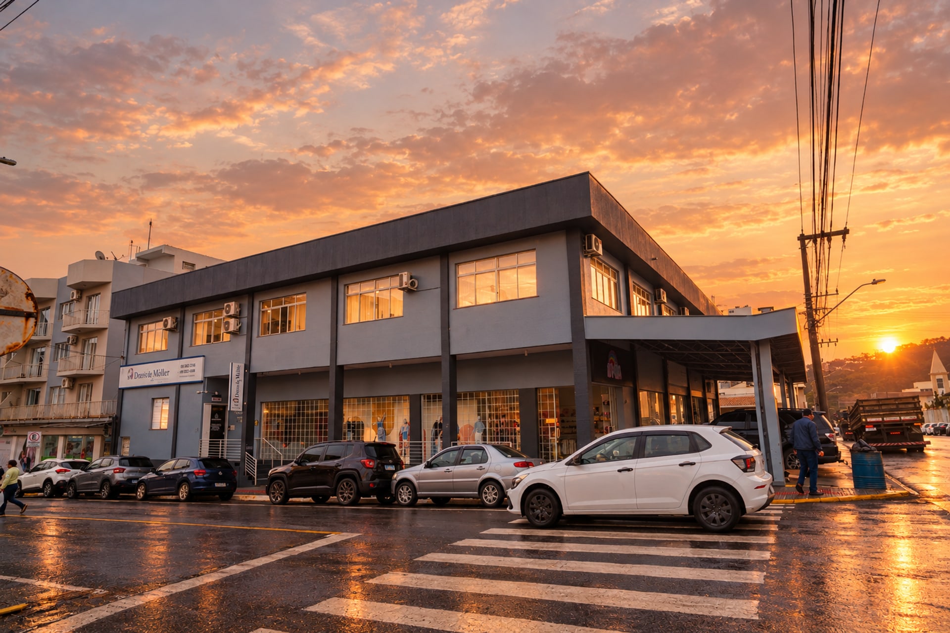 Fachada do prédio da matriz do escritório Darcísio Müller, em Fraiburgo, ao pôr do sol